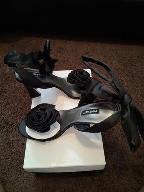 Nine West Black Satin Rose Ankle-Tie Heels
